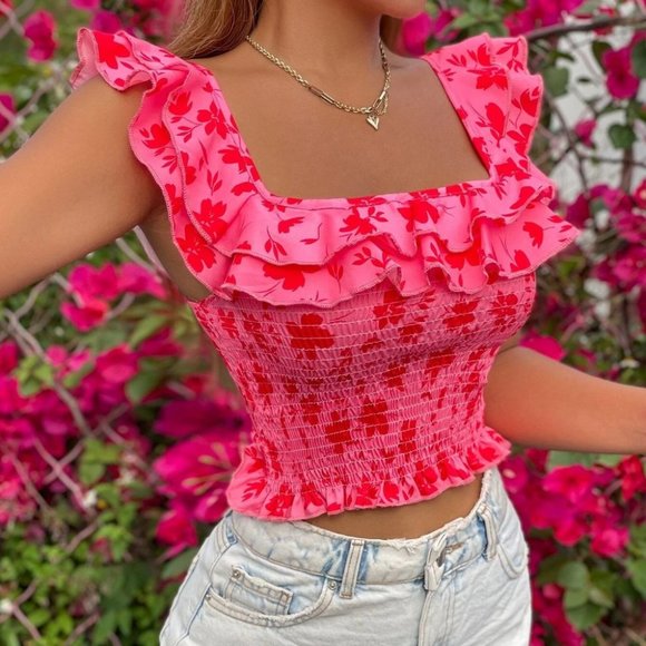 . Tops - Hot Pink floral print boho Womens Tank Top